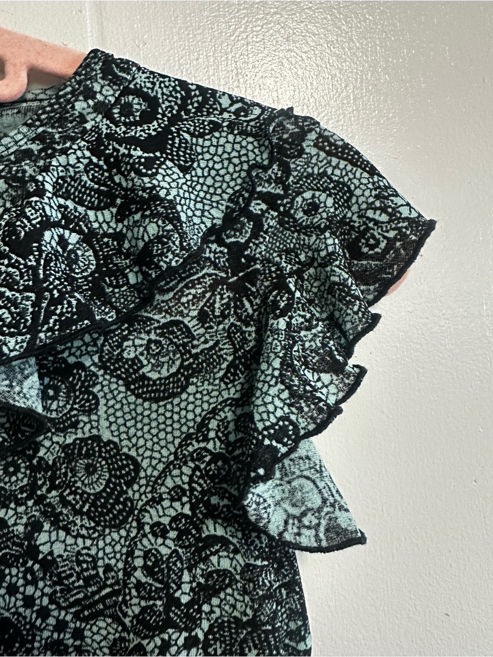 Express Mint and Black Lace-Print Ruffle Shell - Picture 3 of 4